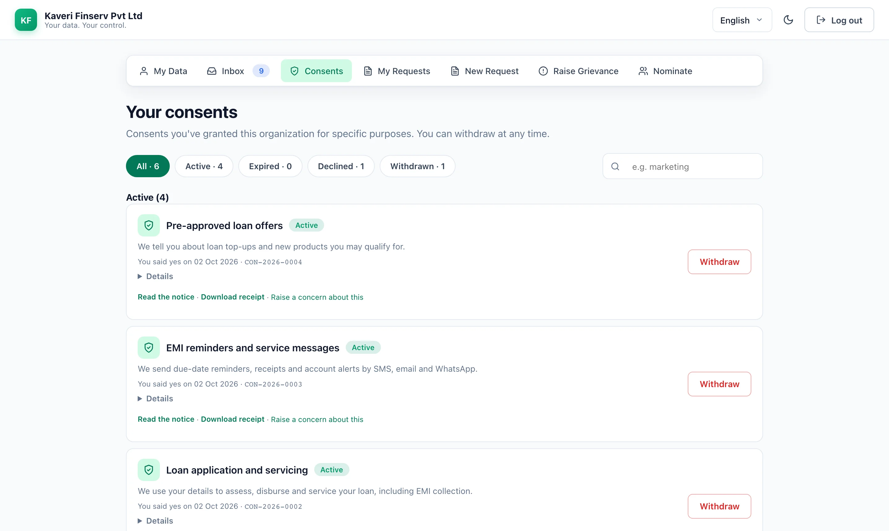 The customer portal: each consent with its reference, notice, receipt and a Withdraw button